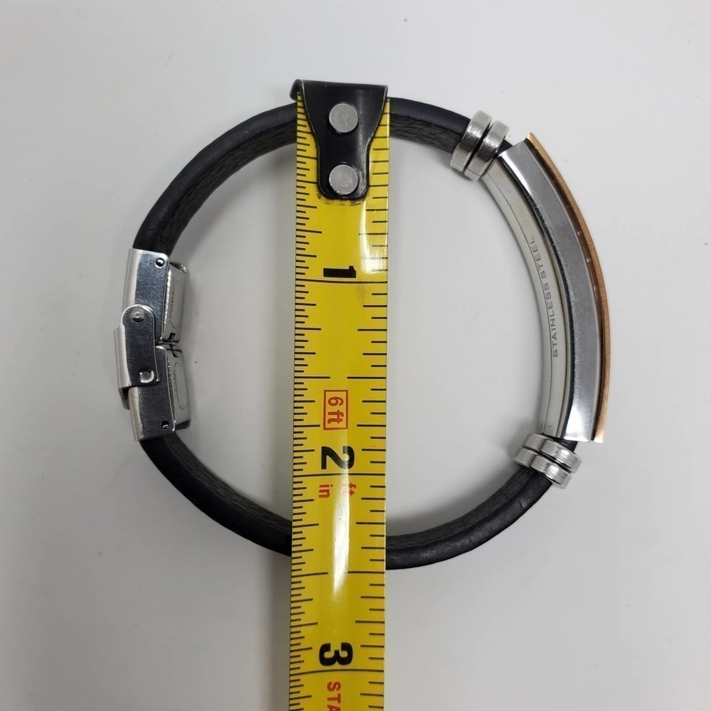 Stainless Steel Leather Cuff Silver and Gold Tone Metal Bracelet - Picture 5 of 7